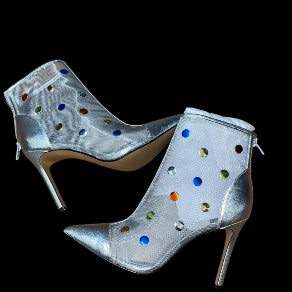 Metallic Silver Sheer Katy Perry Ankle Boot with Colorful Confetti Dots - Picture 3 of 3